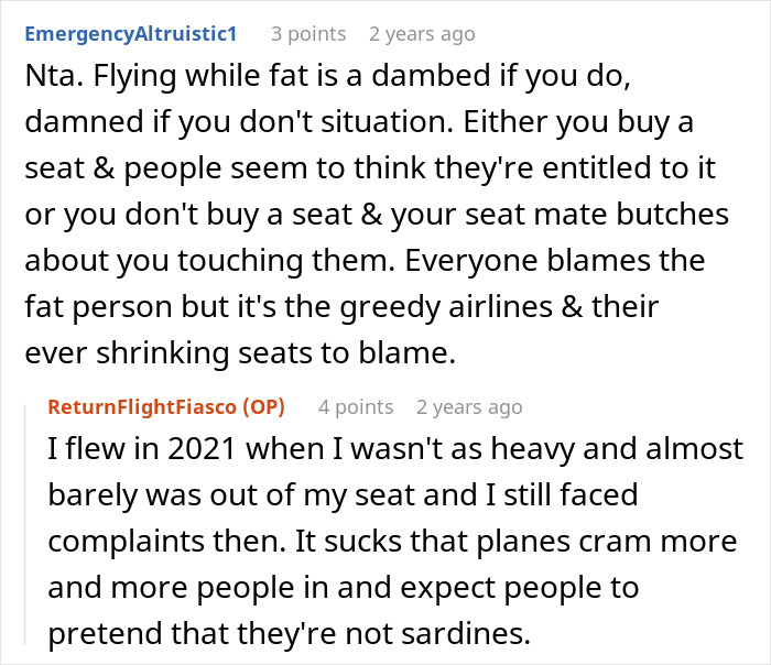 Reddit users discuss booking two plane seats due to fitting issues and reactions from fellow passengers. Reddit users discuss booking two plane seats due to fitting issues and reactions from fellow passengers.