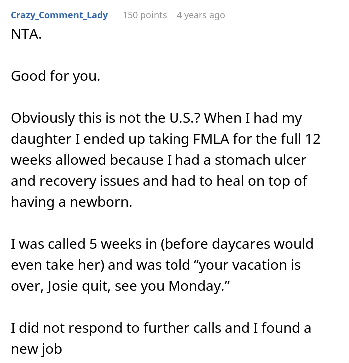 Text comment about maternity leave and work calls from a user sharing their experience. Text comment about maternity leave and work calls from a user sharing their experience.