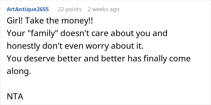 Reddit comment advising to keep money from parents’ apartment, suggesting family doesn't care; user supports the decision. Reddit comment advising to keep money from parents’ apartment, suggesting family doesn't care; user supports the decision.