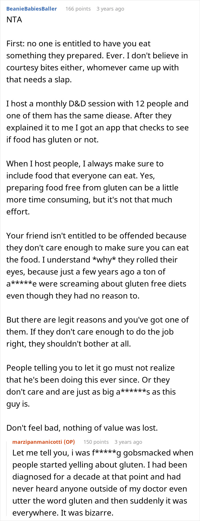 Reddit comment discussing gluten-free meal etiquette and dietary needs. Reddit comment discussing gluten-free meal etiquette and dietary needs.