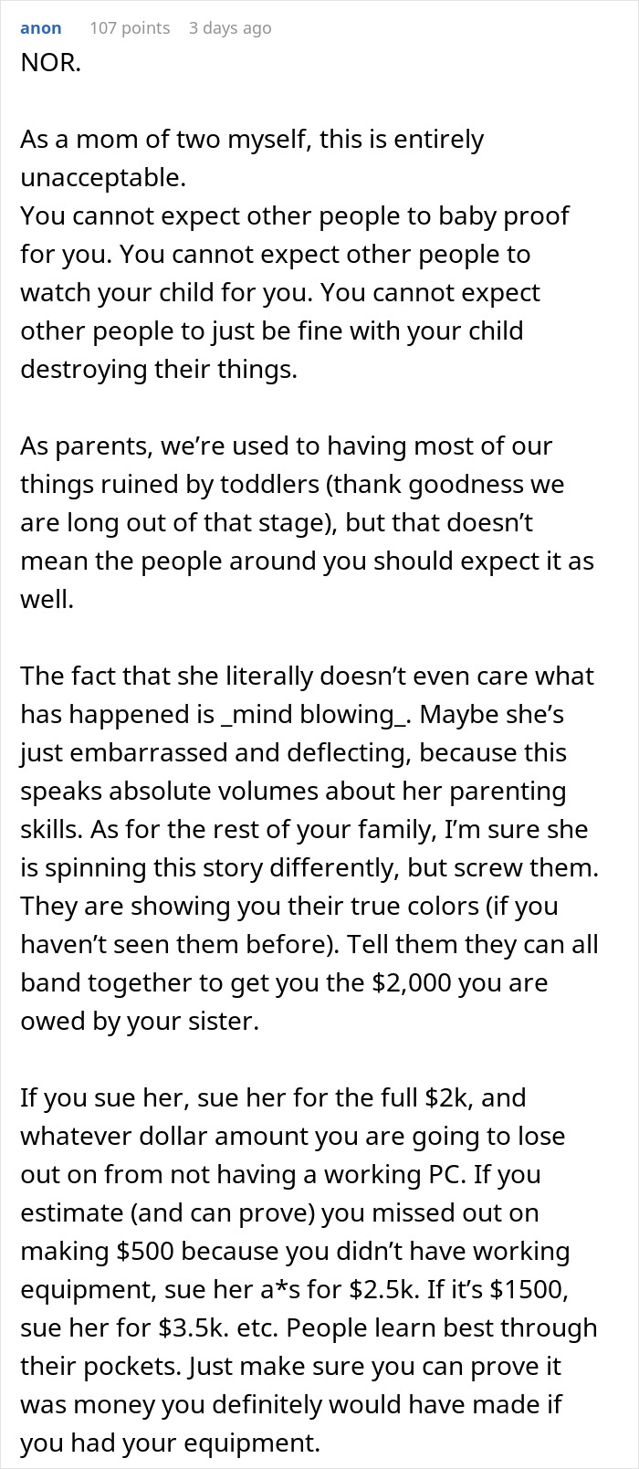 Text about woman's regret after $2,000 damages from sister and nephew, leading to family drama. Text about woman's regret after $2,000 damages from sister and nephew, leading to family drama.