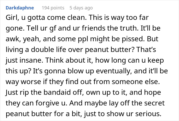 Text comment about faking an allergy going too far and risking exposure, urging honesty, and mentioning peanut butter. Text comment about faking an allergy going too far and risking exposure, urging honesty, and mentioning peanut butter.