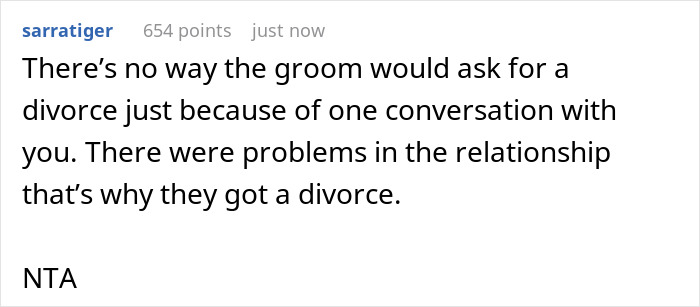 Online comment about wedding, mentioning relationship problems and divorce. Online comment about wedding, mentioning relationship problems and divorce.