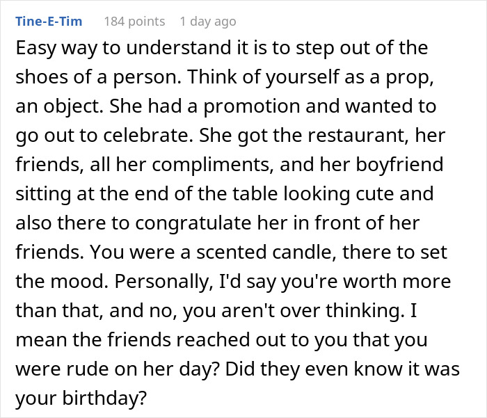 Text from a forum discussing a birthday dinner conflict with a girlfriend, questioning relationship dynamics. Text from a forum discussing a birthday dinner conflict with a girlfriend, questioning relationship dynamics.