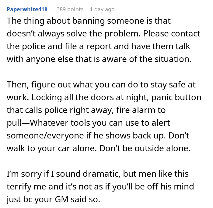 Text from a Reddit user offering safety tips for dealing with a delusional client situation. Text from a Reddit user offering safety tips for dealing with a delusional client situation.