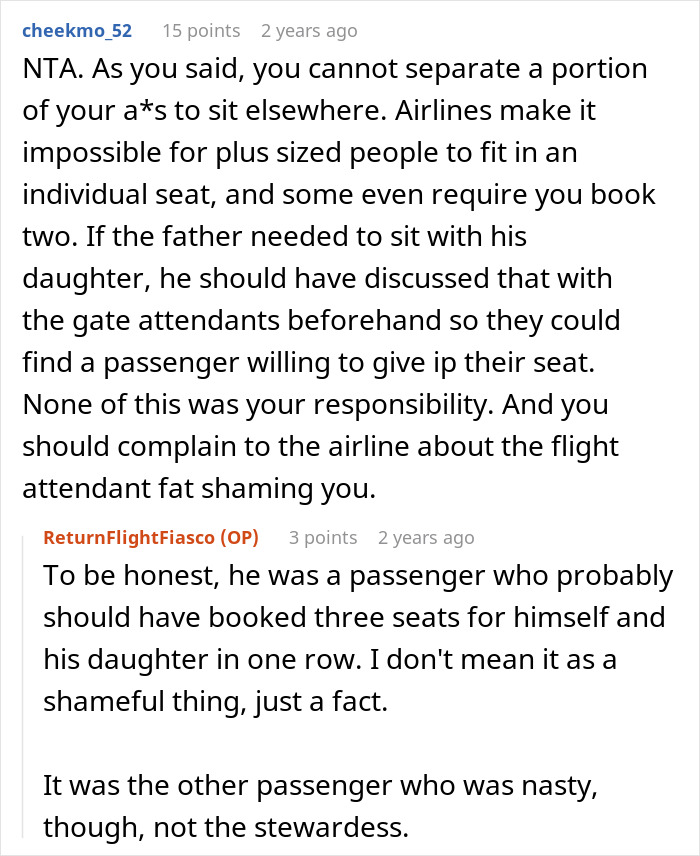 Comments discussing issues faced by a woman booking two plane seats for comfort. Comments discussing issues faced by a woman booking two plane seats for comfort.