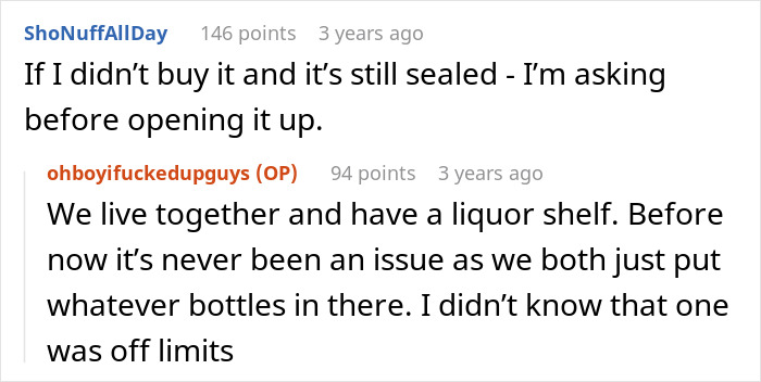 Reddit comments discussing aged scotch shared on a liquor shelf, highlighting a misunderstanding over expensive bottles. Reddit comments discussing aged scotch shared on a liquor shelf, highlighting a misunderstanding over expensive bottles.