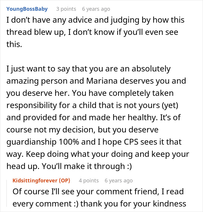 Reddit thread comment praising a woman for taking responsibility of a friend's daughter. Reddit thread comment praising a woman for taking responsibility of a friend's daughter.