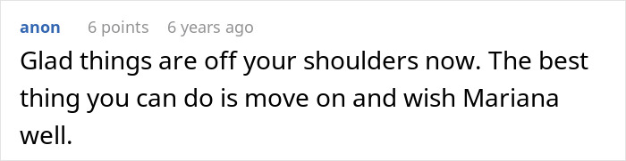 Comment about woman leaving friend to babysit daughter, referring to moving on and wishing Mariana well. Comment about woman leaving friend to babysit daughter, referring to moving on and wishing Mariana well.