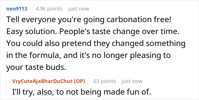Reddit comments discussing faked liking of sparkling water with humorous advice and responses. Reddit comments discussing faked liking of sparkling water with humorous advice and responses.