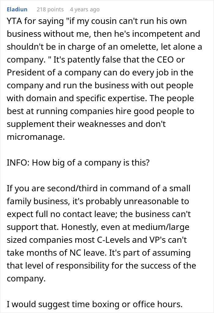 Reddit comment discussing work calls during maternity leave and business management limits. Reddit comment discussing work calls during maternity leave and business management limits.