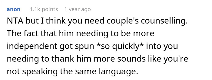 Comment suggesting couple's counselling, discussing husband therapist and wife homework dynamics in a relationship conversation. Comment suggesting couple's counselling, discussing husband therapist and wife homework dynamics in a relationship conversation.