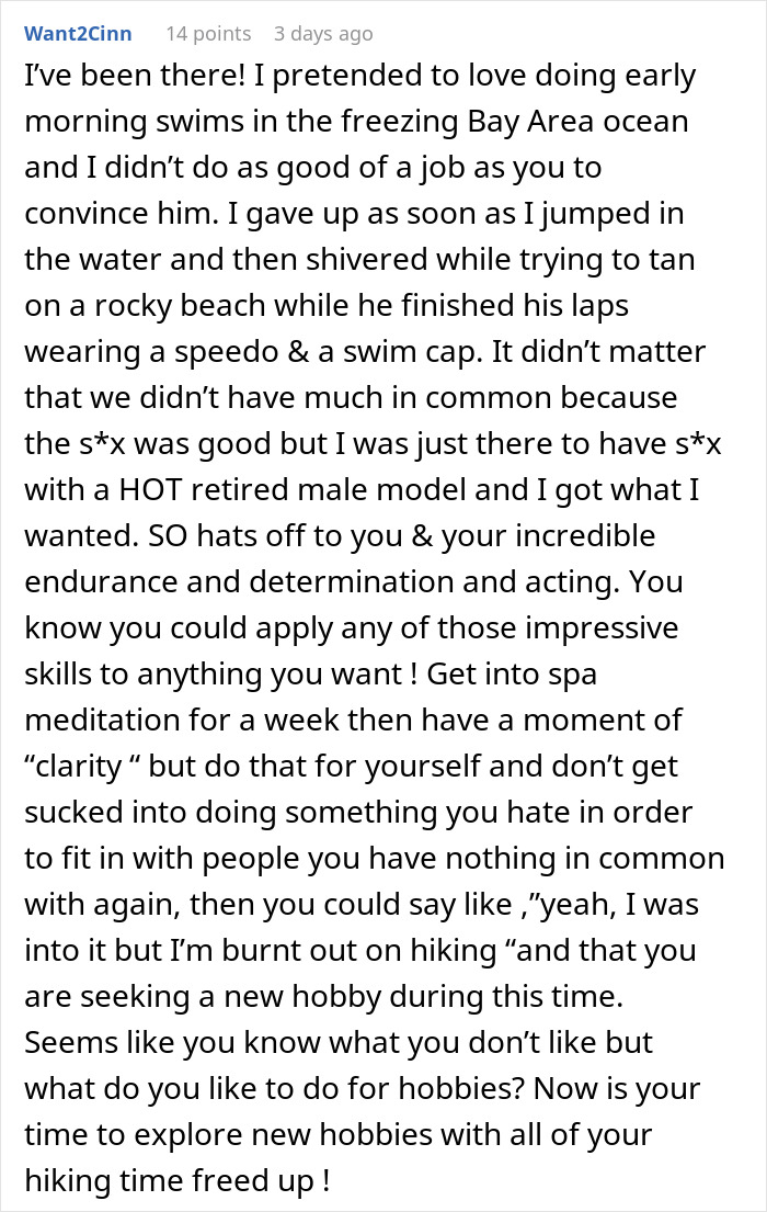 Text about a woman faking interest in hiking for a man, discussing endurance and acting skills. Text about a woman faking interest in hiking for a man, discussing endurance and acting skills.