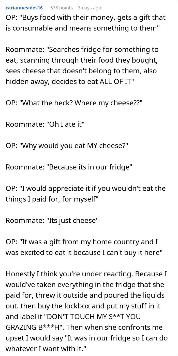 Text exchange about a roommate stealing cheese, leading to a lockbox purchase for fridge security. Text exchange about a roommate stealing cheese, leading to a lockbox purchase for fridge security.