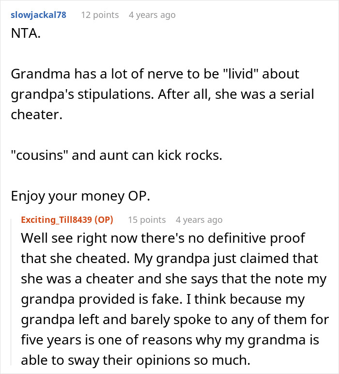Reddit comments discussing grandpa's will revealing ex-wife's affairs. Reddit comments discussing grandpa's will revealing ex-wife's affairs.