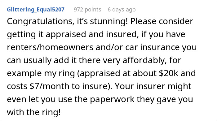 Comment about insuring a pricey ring from a millionaire neighbor’s fiancée who wanted something different. Comment about insuring a pricey ring from a millionaire neighbor’s fiancée who wanted something different.