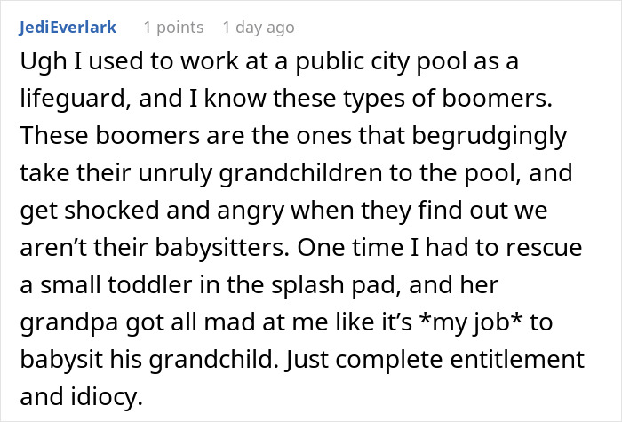 Comment about boomer berating lifeguard after rescue, highlighting fragile male ego and pool rescue frustration.