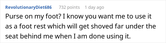 Text exchange about using a lost purse as a footrest on a plane, implying an act of revenge. Text exchange about using a lost purse as a footrest on a plane, implying an act of revenge.