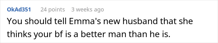 Comment about leaving a friend's wedding early, mentioning Emma's new husband and comparison with a boyfriend. Comment about leaving a friend's wedding early, mentioning Emma's new husband and comparison with a boyfriend.