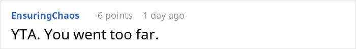 Reddit comment screenshot: "YTA. You went too far. Reddit comment screenshot: "YTA. You went too far.