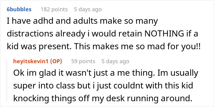 Comments discussing distractions caused by a child running and knocking things off in a college setting. Comments discussing distractions caused by a child running and knocking things off in a college setting.