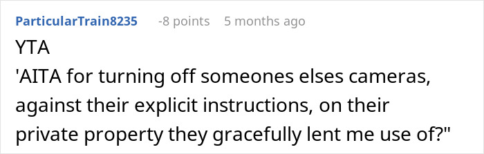 Reddit comment discussing security cameras and vacation house privacy concerns. Reddit comment discussing security cameras and vacation house privacy concerns.