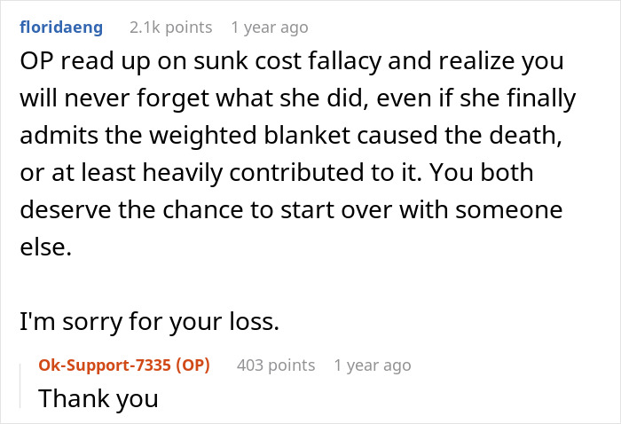 Reddit comment discussing weighted blanket injury to a dog, with condolences and relationship advice. Reddit comment discussing weighted blanket injury to a dog, with condolences and relationship advice.