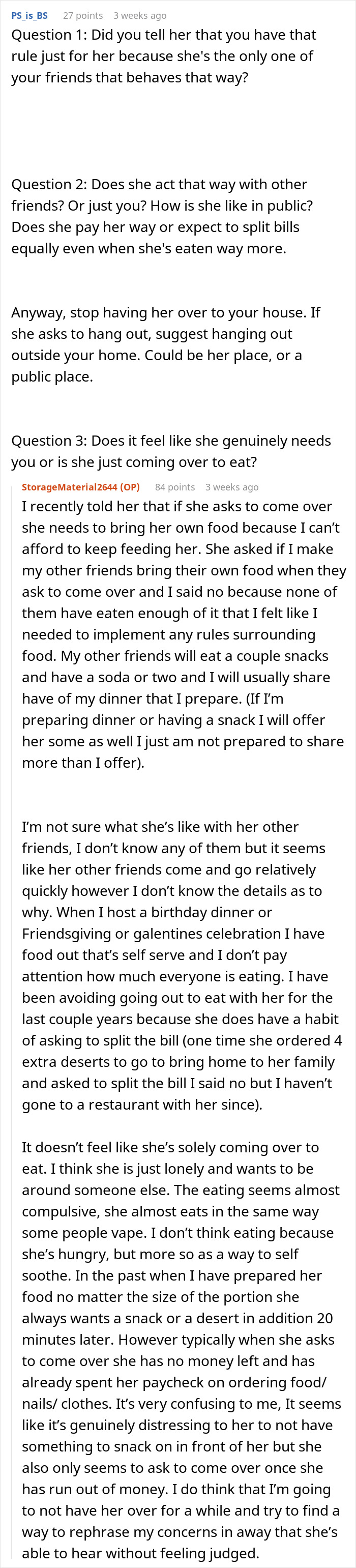 Reddit conversation about a woman confronting a friend over consuming $60 of her groceries. Reddit conversation about a woman confronting a friend over consuming $60 of her groceries.