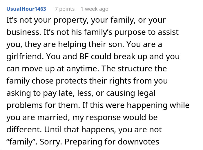Reddit comment discussing rent money issues between a girlfriend and her boyfriend's family. Reddit comment discussing rent money issues between a girlfriend and her boyfriend's family.