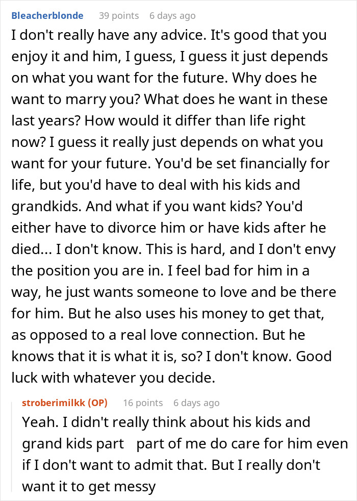 Online discussion about a sugar daddy's marriage proposal, addressing future concerns and emotions. Online discussion about a sugar daddy's marriage proposal, addressing future concerns and emotions.