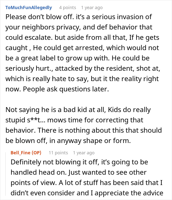 Reddit comments discussing a dad catching teen son creeping around neighbor’s yard and the wife’s defense. Reddit comments discussing a dad catching teen son creeping around neighbor’s yard and the wife’s defense.