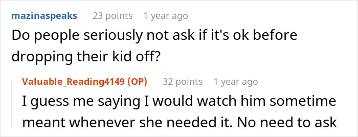 Babysitting miscommunication discussion on Reddit, highlighting lack of approval before child drop-off. Babysitting miscommunication discussion on Reddit, highlighting lack of approval before child drop-off.