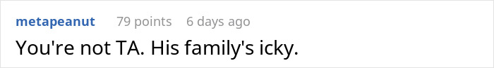 Screenshot of an online comment stating the family is icky in a discussion about a couple breaking up after mom jokes by stealing girlfriend’s seat. Screenshot of an online comment stating the family is icky in a discussion about a couple breaking up after mom jokes by stealing girlfriend’s seat.