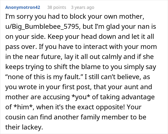 Text response discussing family issues and advice, mentioning support from a grandmother. Text response discussing family issues and advice, mentioning support from a grandmother.
