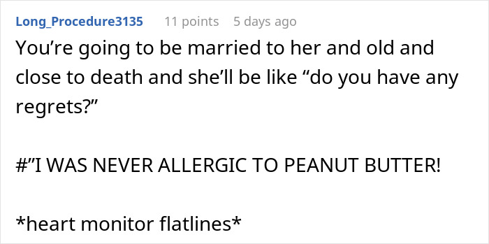 Text humorously describing a fake peanut allergy and regrets in a dramatic scenario. Text humorously describing a fake peanut allergy and regrets in a dramatic scenario.