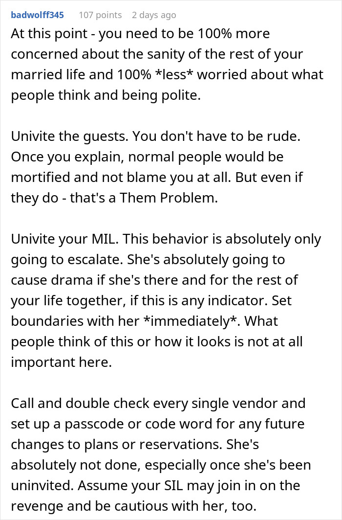 Text suggesting advice for dealing with MIL drama after honeymoon cancellation incident. Text suggesting advice for dealing with MIL drama after honeymoon cancellation incident.