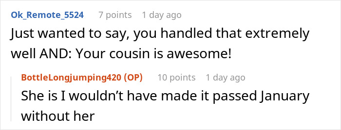 Text exchange about handling a breakup well, highlighting support from a cousin. Text exchange about handling a breakup well, highlighting support from a cousin.