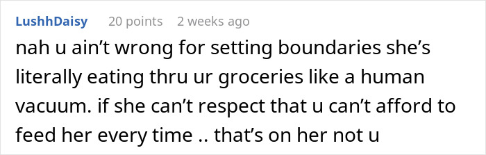 Text critique about a friend consuming groceries without permission, likened to a vacuum. Text critique about a friend consuming groceries without permission, likened to a vacuum.
