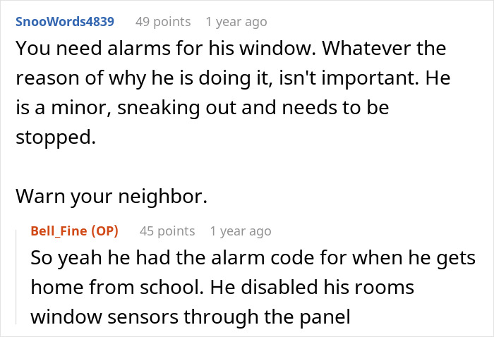 Reddit comments discussing a dad catching teen son creeping around neighbor’s yard and concerns about alarms and security. Reddit comments discussing a dad catching teen son creeping around neighbor’s yard and concerns about alarms and security.