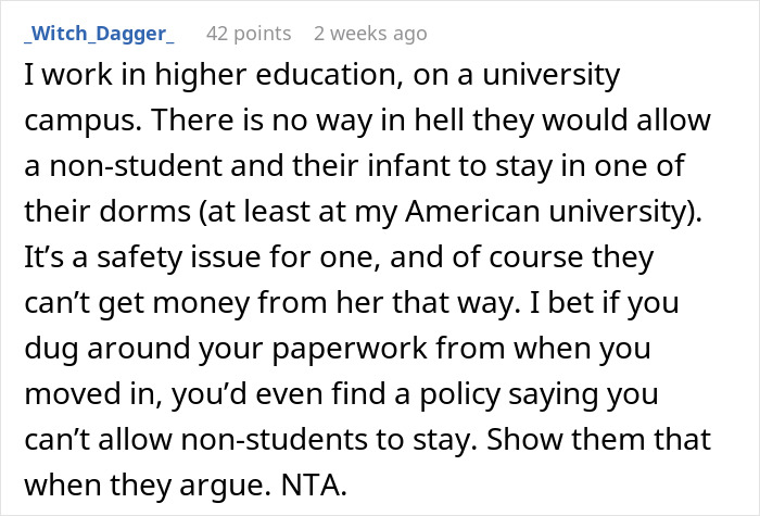 Text discussing dorm room rules about non-students, mentioning it's a safety issue and referencing paperwork against non-student stays. Text discussing dorm room rules about non-students, mentioning it's a safety issue and referencing paperwork against non-student stays.