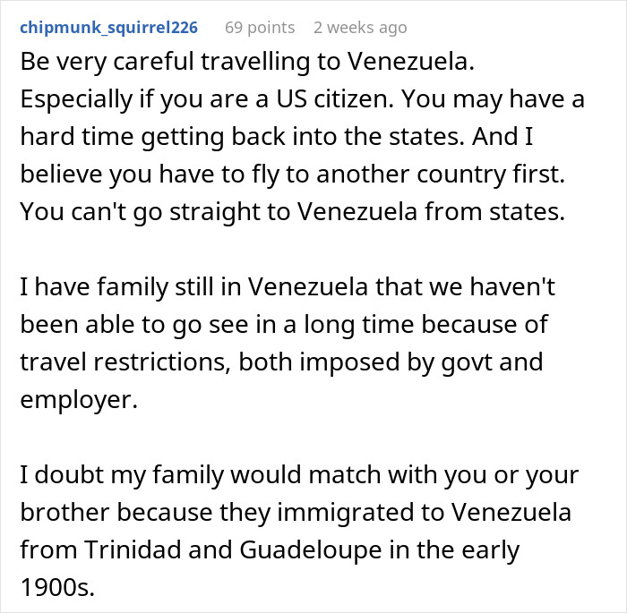 Discussion about travel challenges to Venezuela due to family DNA results. Discussion about travel challenges to Venezuela due to family DNA results.
