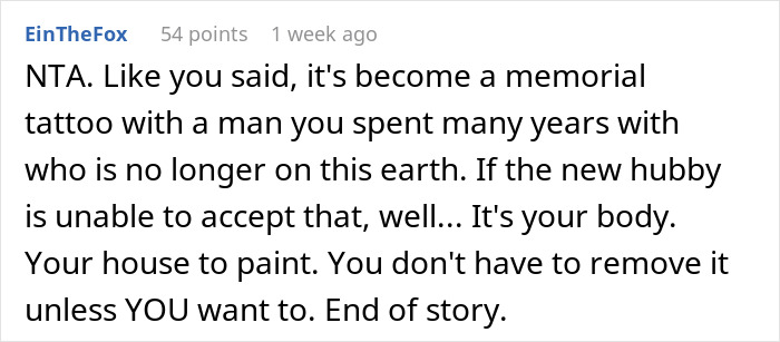 Comment on a tattoo as a memorial, discussing acceptance and personal choice. Comment on a tattoo as a memorial, discussing acceptance and personal choice.