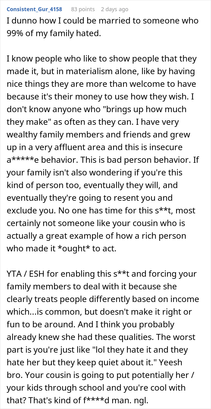 Comment on materialism and wealthy behaviors, discussing family dynamics and perceptions of wealth. Comment on materialism and wealthy behaviors, discussing family dynamics and perceptions of wealth.