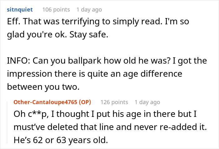 Text exchange discussing a woman's clever escape from a delusional client, highlighting age difference. Text exchange discussing a woman's clever escape from a delusional client, highlighting age difference.
