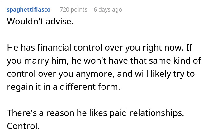 Reddit comment discussing concerns about a sugar daddy's control in a marriage proposal context. Reddit comment discussing concerns about a sugar daddy's control in a marriage proposal context.