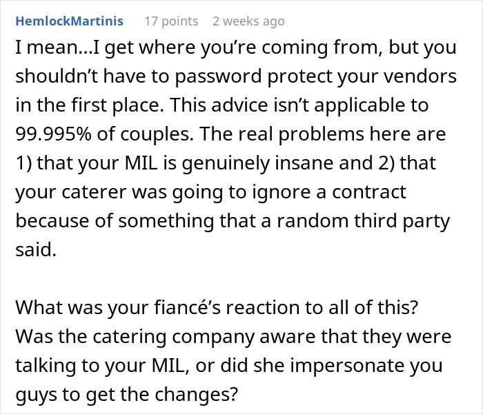Comment discussing the need to password protect wedding vendors due to MIL interference. Comment discussing the need to password protect wedding vendors due to MIL interference.