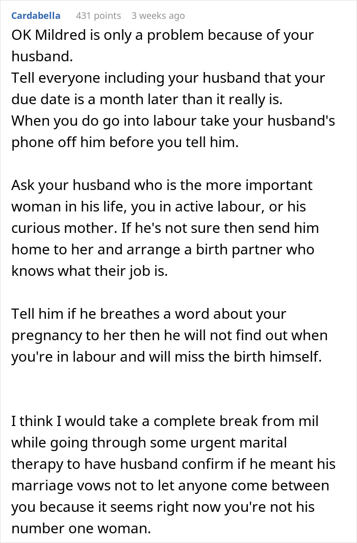 Text advice on handling overbearing MIL during pregnancy, emphasizing husband's attention to wife. Text advice on handling overbearing MIL during pregnancy, emphasizing husband's attention to wife.