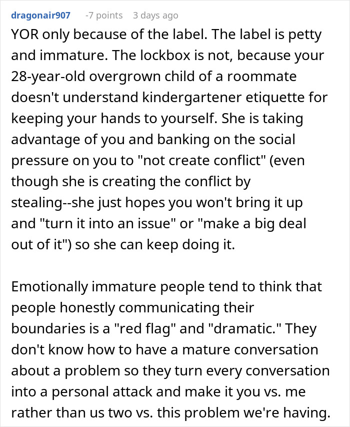 Text describing a roommate stealing cheese and a lockbox in the fridge to prevent it. Text describing a roommate stealing cheese and a lockbox in the fridge to prevent it.