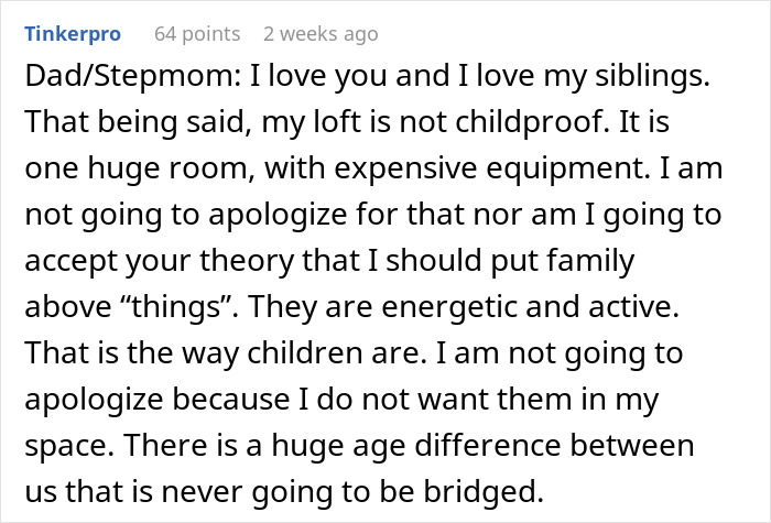 Text message explaining why a guy bans siblings from his unchildproof loft with expensive equipment. Text message explaining why a guy bans siblings from his unchildproof loft with expensive equipment.