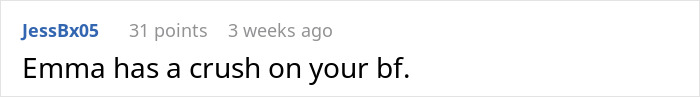 Comment by user JessBx05 stating, "Emma has a crush on your bf." Wedding discussion context implied. Comment by user JessBx05 stating, "Emma has a crush on your bf." Wedding discussion context implied.